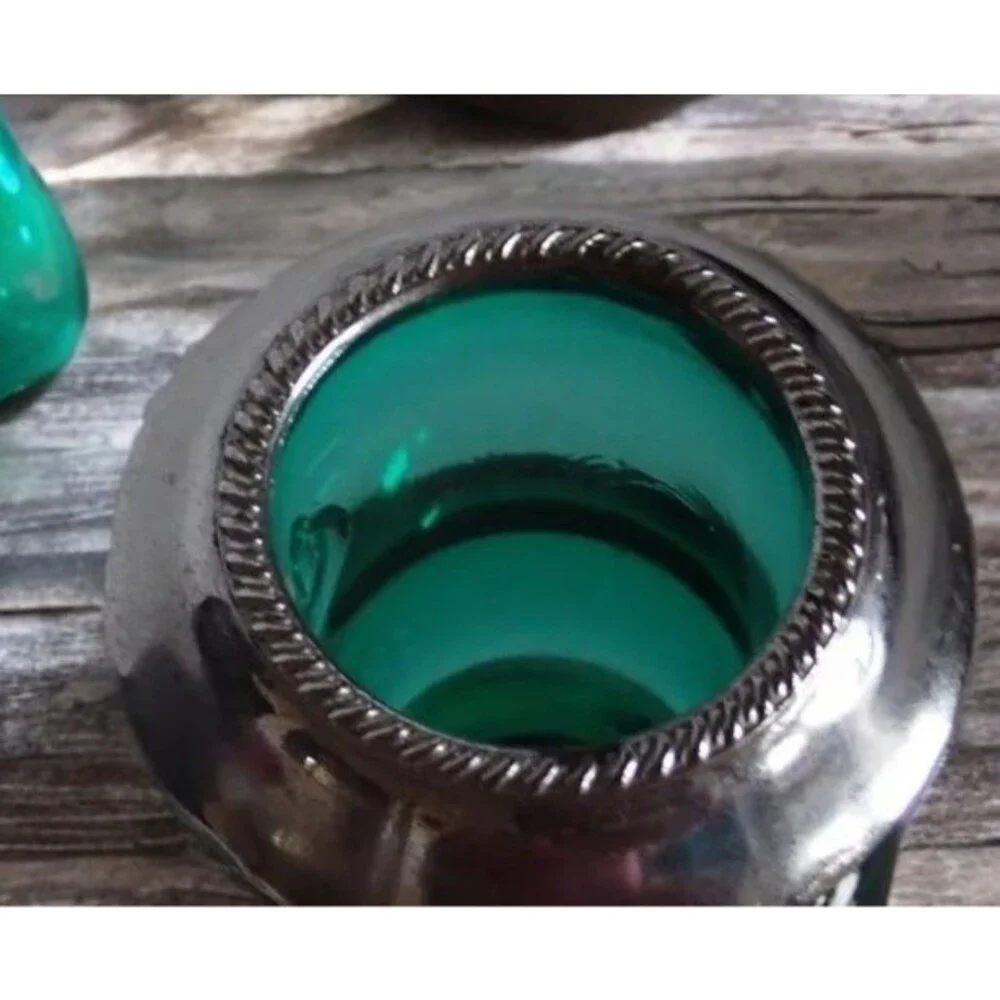 Vintage L E SMITH Green Glass Toothpick Holder Handles Thick Cauldron Silver Rim